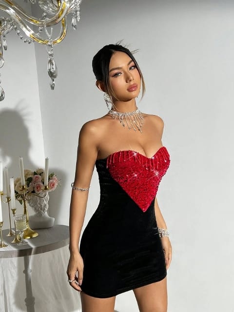 Kalp Tasarım Askılı Midi Elbise Takımı Pink Night 1112 - 2