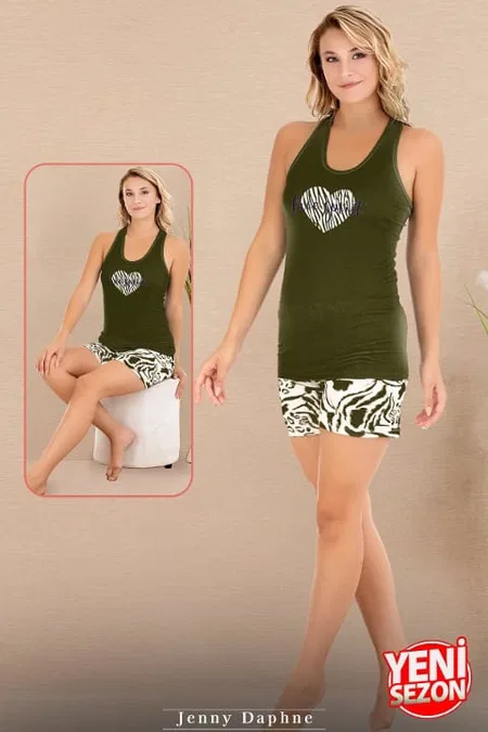 Kalpli Viskon Sıfır Kollu Şortlu Pijama Takımı Lady 7726 - Yeşil