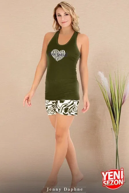 Kalpli Viskon Sıfır Kollu Şortlu Pijama Takımı Lady 7726 - Yeşil