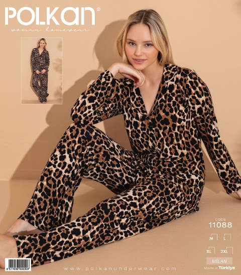 Kaplan Desenli V Yaka Kısa Kollu Pijama Takımı Polkan 11088 - Kahverengi