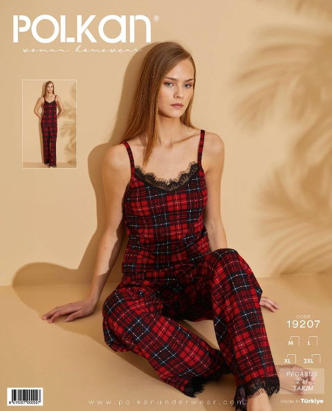 Kareli Bordo Dantel Askılı Pijama Takım Polkan 19207