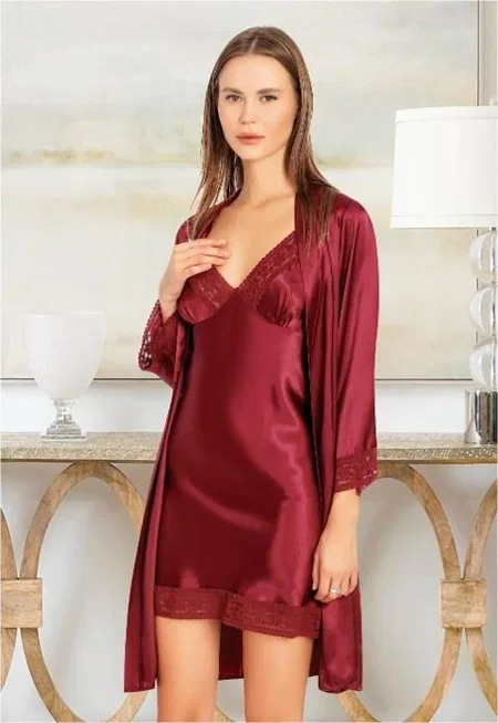 Dantel Detaylı Uzun Kollu Sabahlık Gecelik Takımı Miss Laris 5053 - Bordo