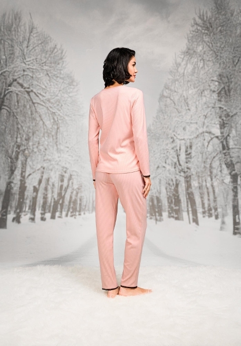 Dantel Detaylı V Yaka Uzun Kollu Kadın Pijama Takımı Doreanse 26K4104 - Somon