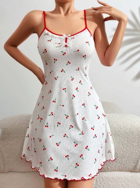 Kiraz Desenli Askılı Mini Gecelik Narin Beyaz Lily Bianca 13032