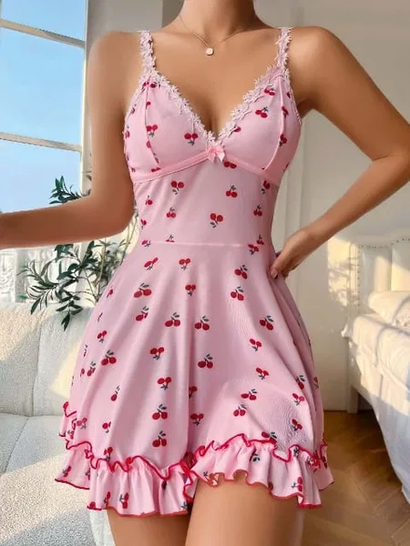 Kiraz Desenli Askılı Mini Gecelik Kadın Gecelik Lily Bianca 13033 - Pembe