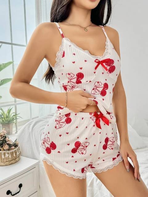 Kiraz Desenli Pamuklu Şortlu Pijama Takımı Lily Bianca 13107 - Beyaz