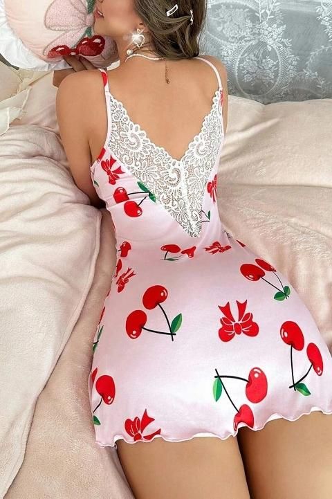 Kiraz Desenli İnce Askılı Dantelli Kısa Gecelik Ruselin 5067 - Pembe