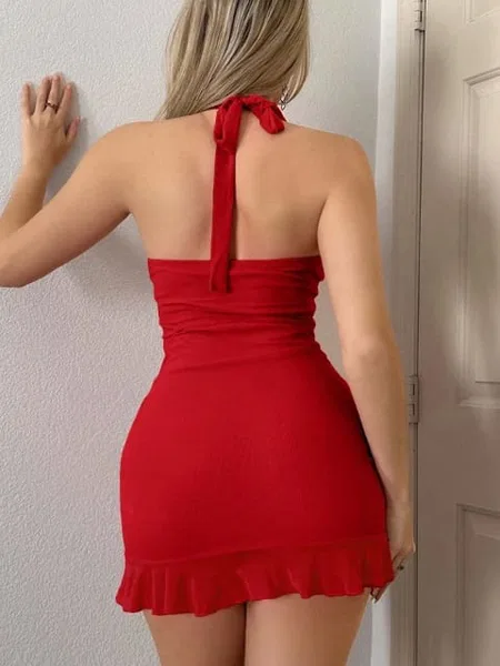 Boyun Askılı Fırfırlı Mini Elbise Real Passione 1030 - Kırmızı