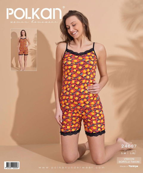 Kırmızı Çiçekli Askılı Viskon Şort Pijama Takımı Polkan 24687