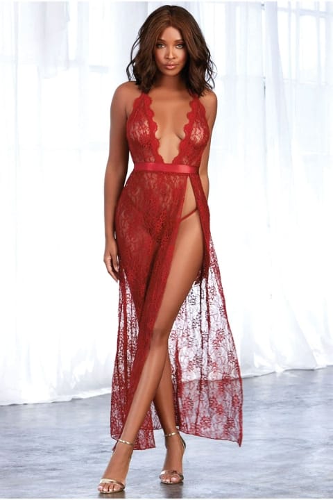 Kırmızı Dantelli Fiyonklu Uzun Gecelik Takımı Loomerie 532