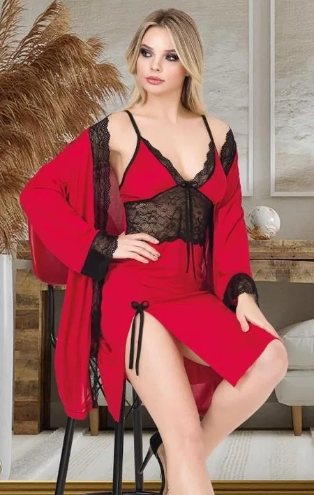 Kırmızı Dantelli Kısa Gecelik Sabahlık Takımı İzabel 7011