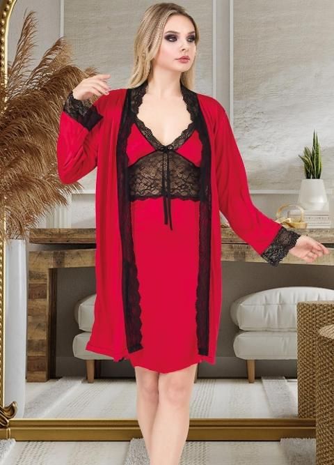 Kırmızı Dantelli Kısa Gecelik Sabahlık Takımı İzabel 7011 - 2