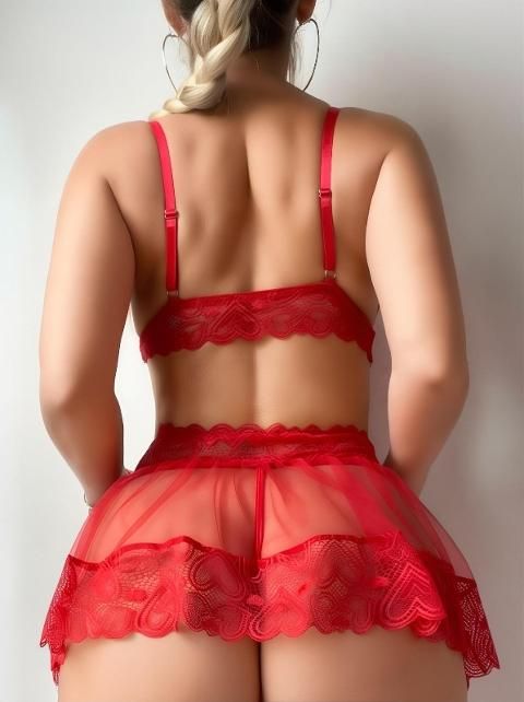 Kırmızı Dantelli Tül Sütyen Etek Takım İzabel 13000 - 2