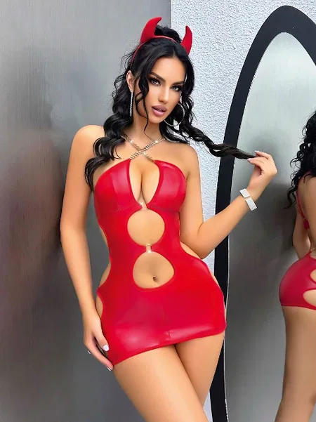 Kırmızı Dekolteli Midi Zincirli Elbise Lily Bianca 15012 - Kırmızı