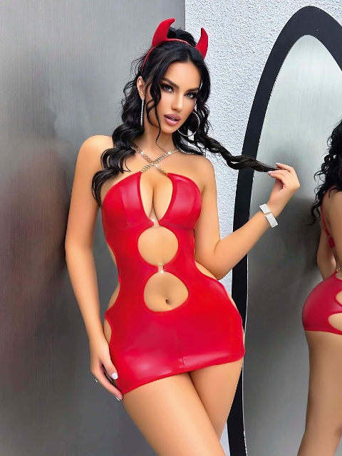 Kırmızı Dekolteli Midi Zincirli Elbise Lily Bianca 15012 - Kırmızı