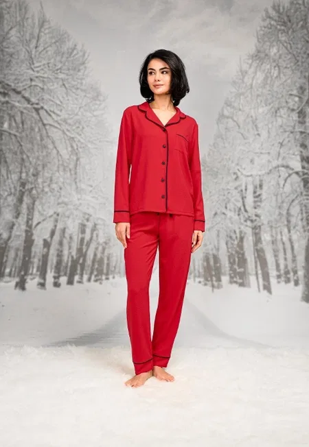 Kırmızı Uzun Kollu Kadın Pijama Takımı Pamuklu Doreanse 26K4109