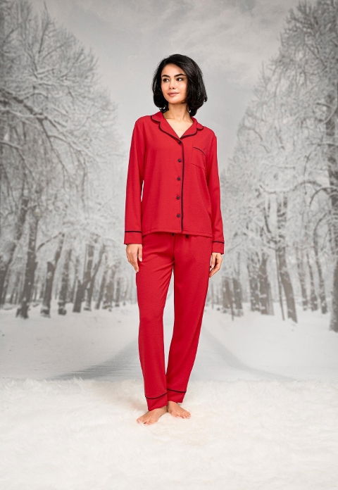 Kırmızı Uzun Kollu Kadın Pijama Takımı Pamuklu Doreanse 26K4109