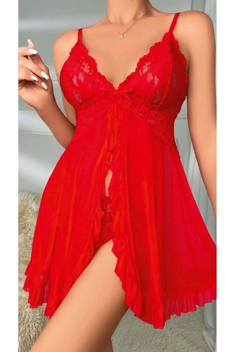 İp Askılı Fırfırlı Body Ruselin 2099 - Kırmızı