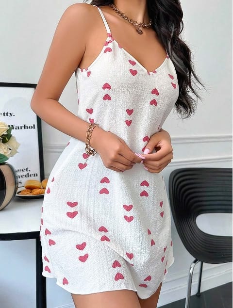 Kalp Desenli Askılı Gecelik Beyaz Lily Bianca 13030 - 2