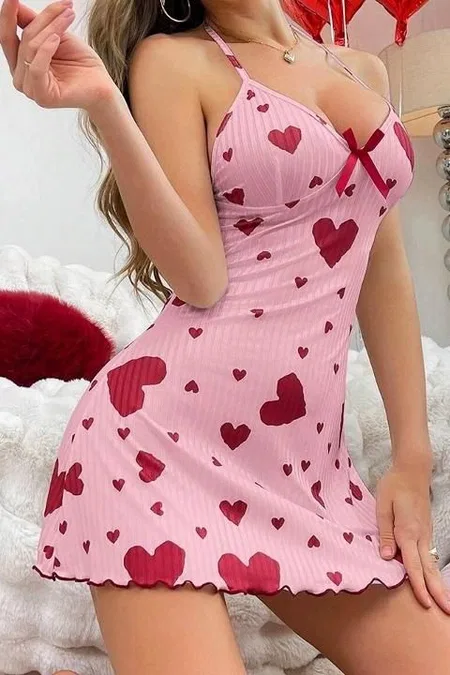 Boyundan Bağlamalı Kısa Gecelik Kırmızı Kalpli Pembe Ruselin 5064 - 2