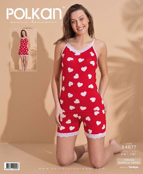 Kırmızı Kalpli Dantelli Viskon Şort Pijama Takım Polkan 24677