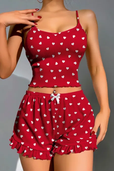 Kırmızı Kalp Desenli Kadın Pijama Takımı Lily Bianca 13100 - Kırmızı