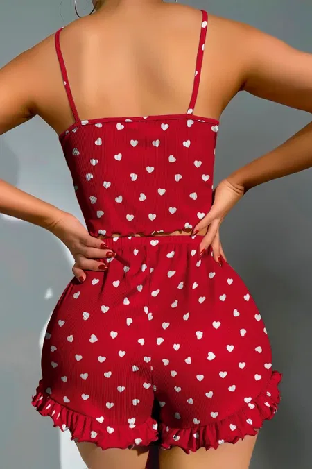 Kırmızı Kalp Desenli Kadın Pijama Takımı Lily Bianca 13100 - Kırmızı