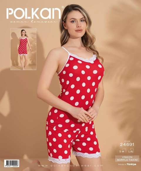 Kırmızı Puantiyeli Askılı Viskon Şort Pijama Takımı Polkan 24691 - Kırmızı