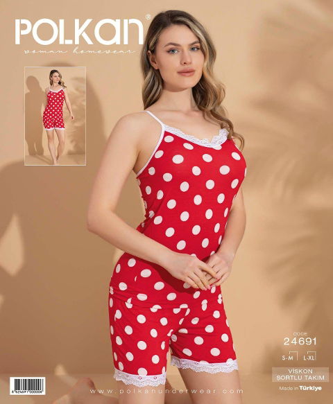 Kırmızı Puantiyeli Askılı Viskon Şort Pijama Takımı Polkan 24691
