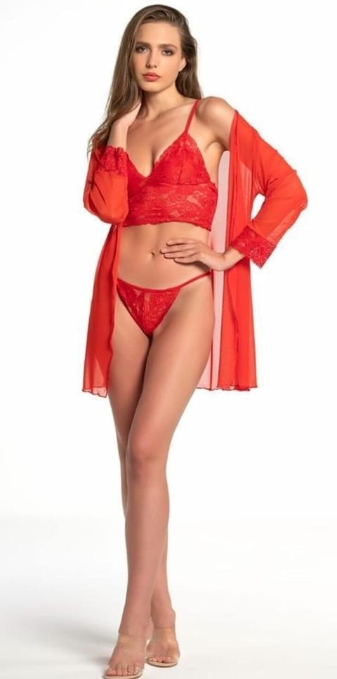 Kırmızı Dantel Detaylı Sabahlıklı İç Giyim Takımı Nathalie 4003