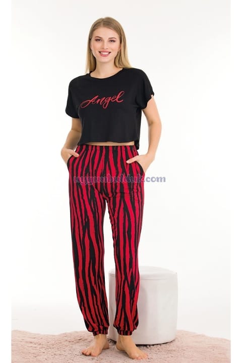 Lady Kırmızı Siyah Çizgi Desenli Kısa Kol Pijama Takımı Lady 12559