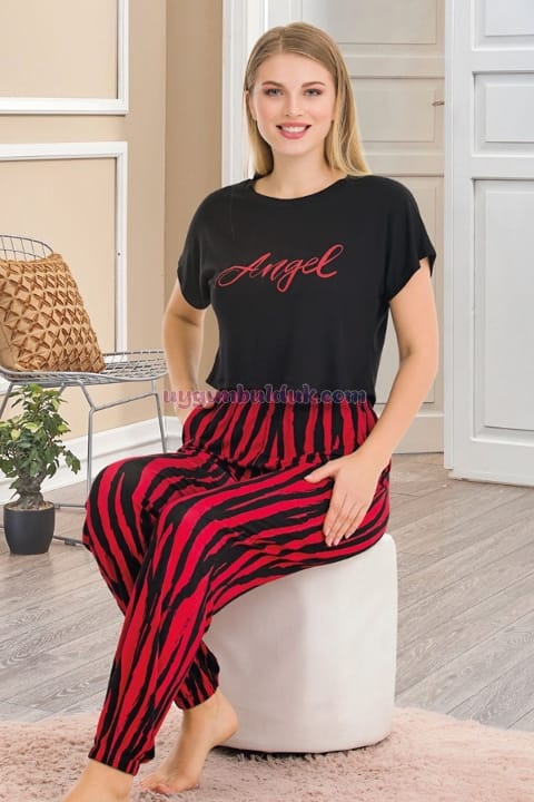 Kırmızı Siyah Çizgi Desenli Kısa Kol Pijama Takımı Lady 12559 - 2
