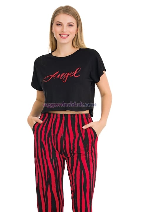 Lady Kırmızı Siyah Çizgi Desenli Kısa Kol Pijama Takımı Lady 12559 - Görsel 3