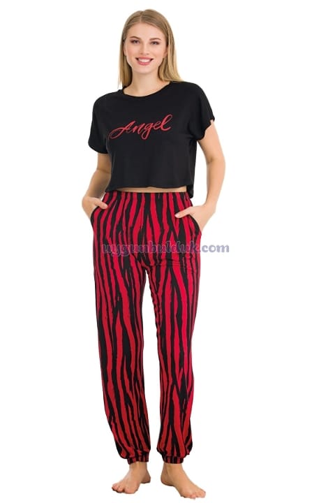 Lady Kırmızı Siyah Çizgi Desenli Kısa Kol Pijama Takımı Lady 12559 - Görsel 4