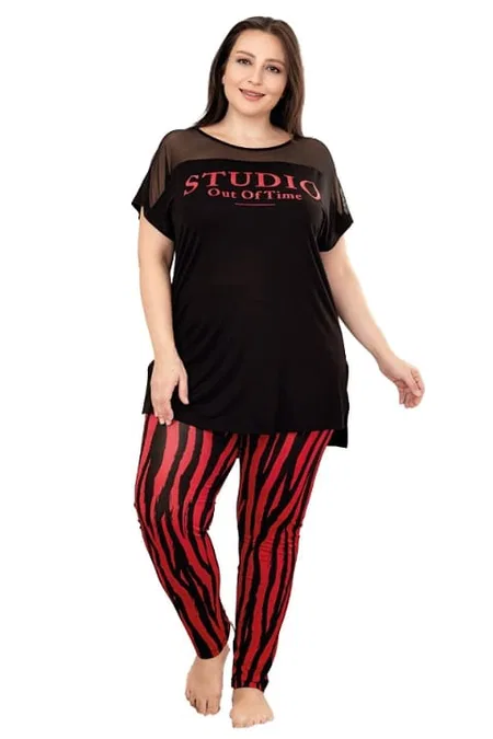 Kırmızı Siyah Çizgili Desen Büyük Beden Pijama Takımı Lady 10807 - Siyah