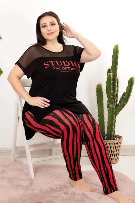 Kırmızı Siyah Çizgili Desen Büyük Beden Pijama Takımı Lady 10807 - Siyah