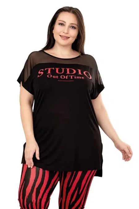 Kırmızı Siyah Çizgili Desen Büyük Beden Pijama Takımı Lady 10807 - Siyah