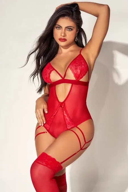 Kırmızı Tül Dantel Fantezi Body Jartiyer Takımı For Dreams 8609 - Kırmızı