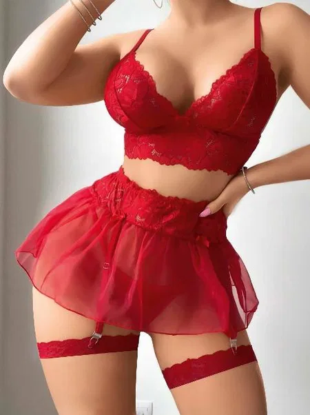 Kırmızı Tül Etekli Fantezi Dantelli Jartiyer Takım Lily Bianca 227 - 2