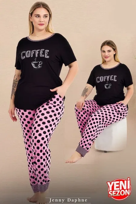 Puantiyeli Kısa Kollu Büyük Beden Pijama Takımı Lady 11004 - Siyah