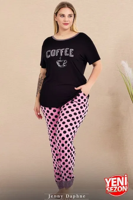 Puantiyeli Kısa Kollu Büyük Beden Pijama Takımı Lady 11004 - Siyah
