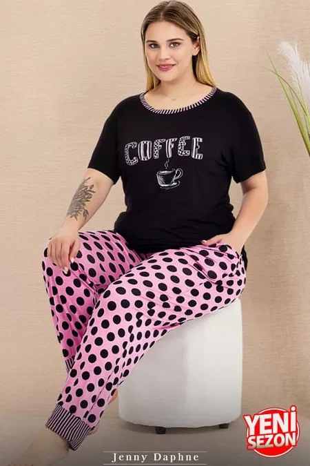 Puantiyeli Kısa Kollu Büyük Beden Pijama Takımı Lady 11004 - Siyah