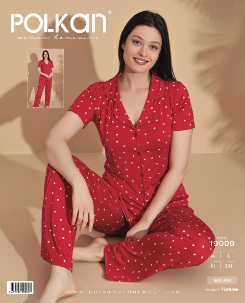 Kısa Kollu V Yaka Kırmızı Yıldız Desenli Pijama Takım Polkan 19090 - Kırmızı