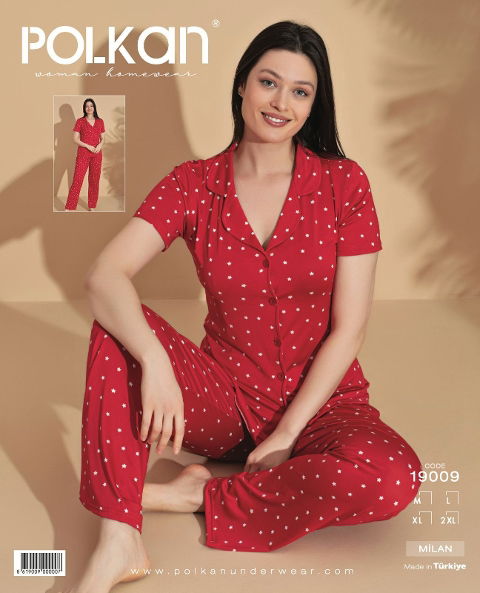 Kısa Kollu V Yaka Kırmızı Yıldız Desenli Pijama Takım Polkan 19090