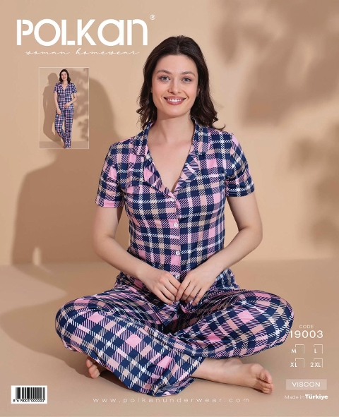 Lacivert Kareli Viskon Kısa Kollu Pijama Takımı Polkan 19003 - Lacivert