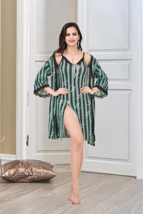 Kısa Yırtmaç Detaylı Çizgili Kadın Sabahlık İzabel 7001