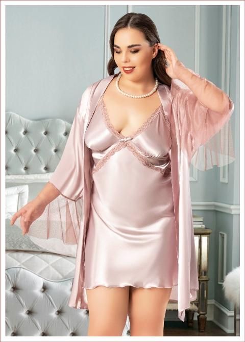 Kolları Tüllü Saten Gecelik Sabahlık Takımı Miss Laris 6014 - Pudra