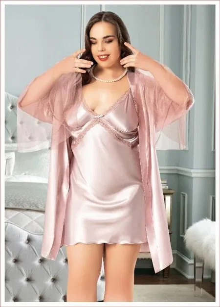 Kolları Tüllü Saten Gecelik Sabahlık Takımı Miss Laris 6014 - 2