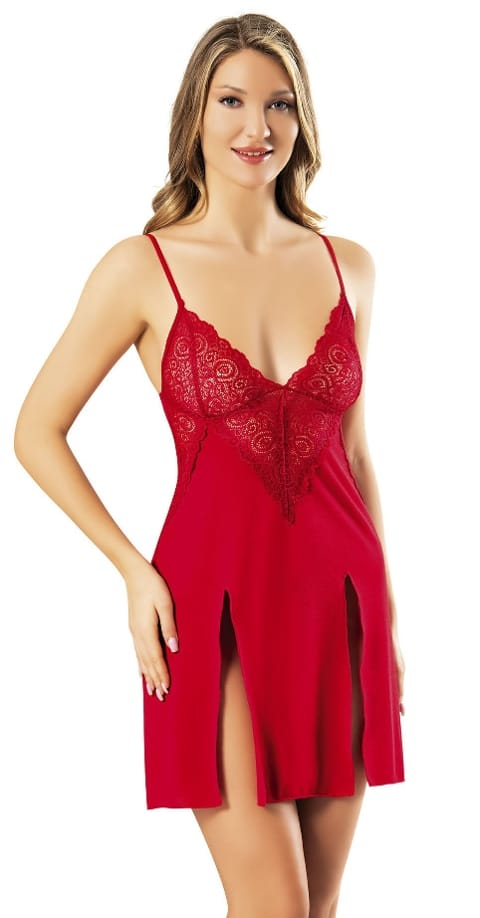 Önden Çift Yırtmaçlı Kısa Kadın Gecelik Somon Ten Kota 6214 - Kırmızı