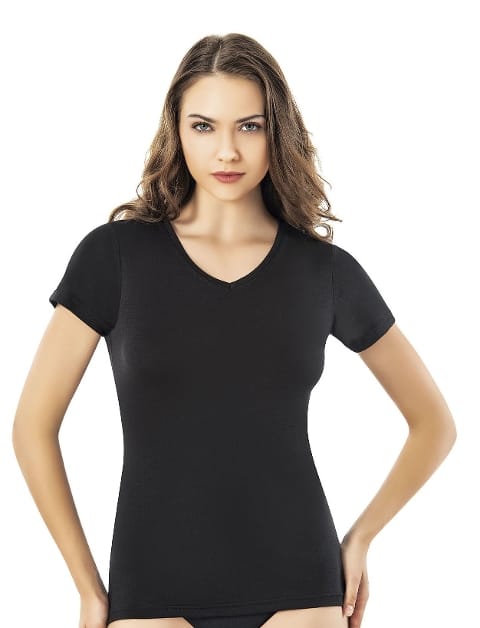 V Yaka Nefes Alan Pamuklu Kısa Kollu Kadın Atlet Kota 6616 - Siyah